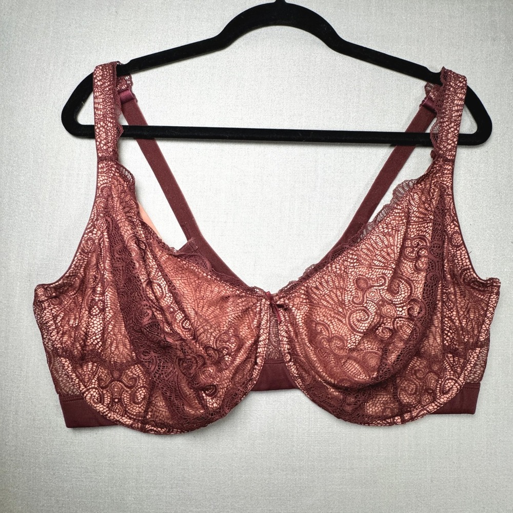 Cacique Opulent Lace Underwire Bra Women 44F Burgundy Peach Intimates